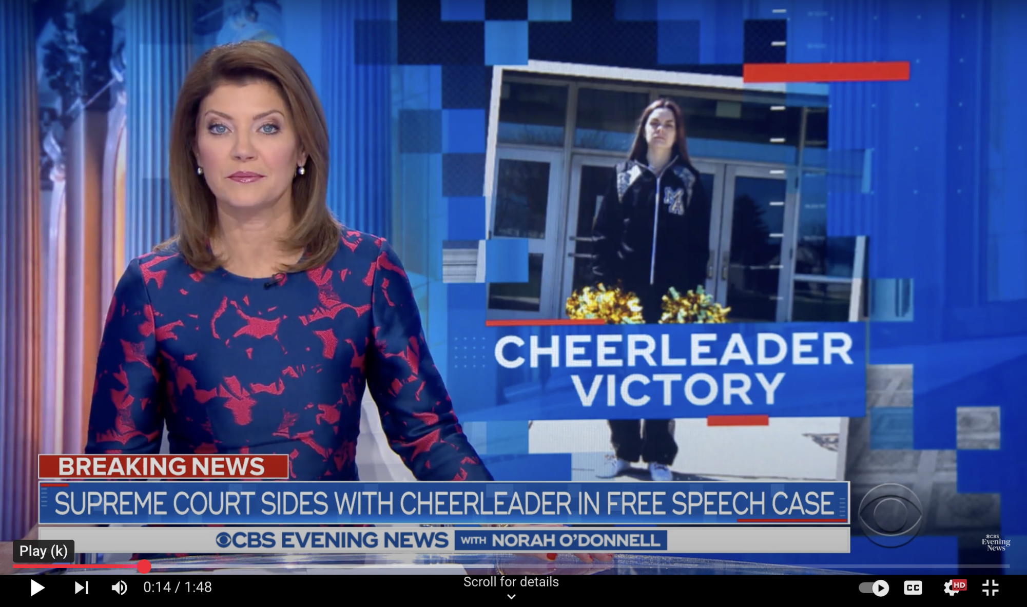 B.L. VS MAHONEY. The Supreme Court ruled in favor of Brandi Levy, who was suspended by the school and removed from the JV squad for using the F-bomb in a Snapchat post. The highest court ruled that it was overreach on the school's part, and upheld her right to free speech, even if the speech included swear words.

(Screen capture from Jun 23, 2021 broadcast about the ruling - CBS Evening News with Norah O'Donnell)